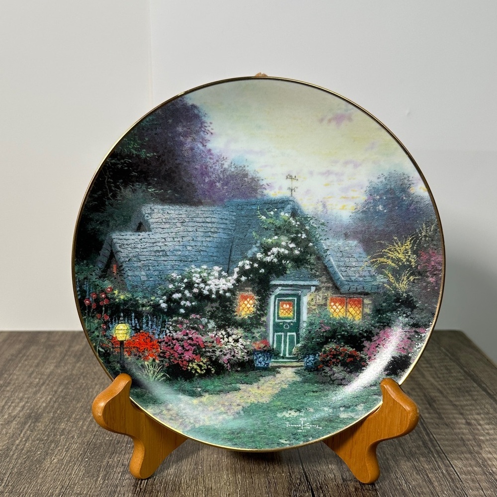 Knowles Thomas Kinkade Weather Vain Cottage Scene Plate with Floral Accents
